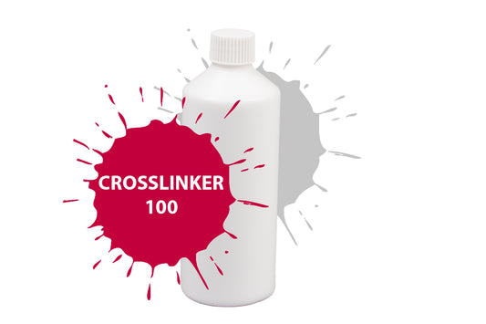 A white bottle labeled 'CROSSLINKER 100' against a red ink splash backdrop, suggesting the product's use in screen printing."